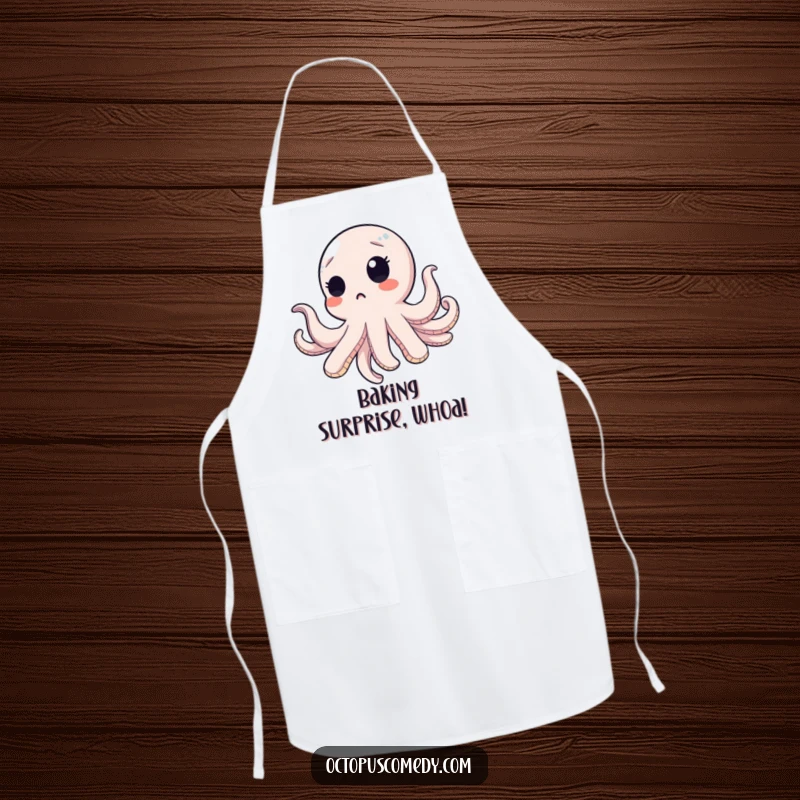 Funny octopus with a surprised blink, floating upwards on a humorous apron, ready for surprising culinary creations.