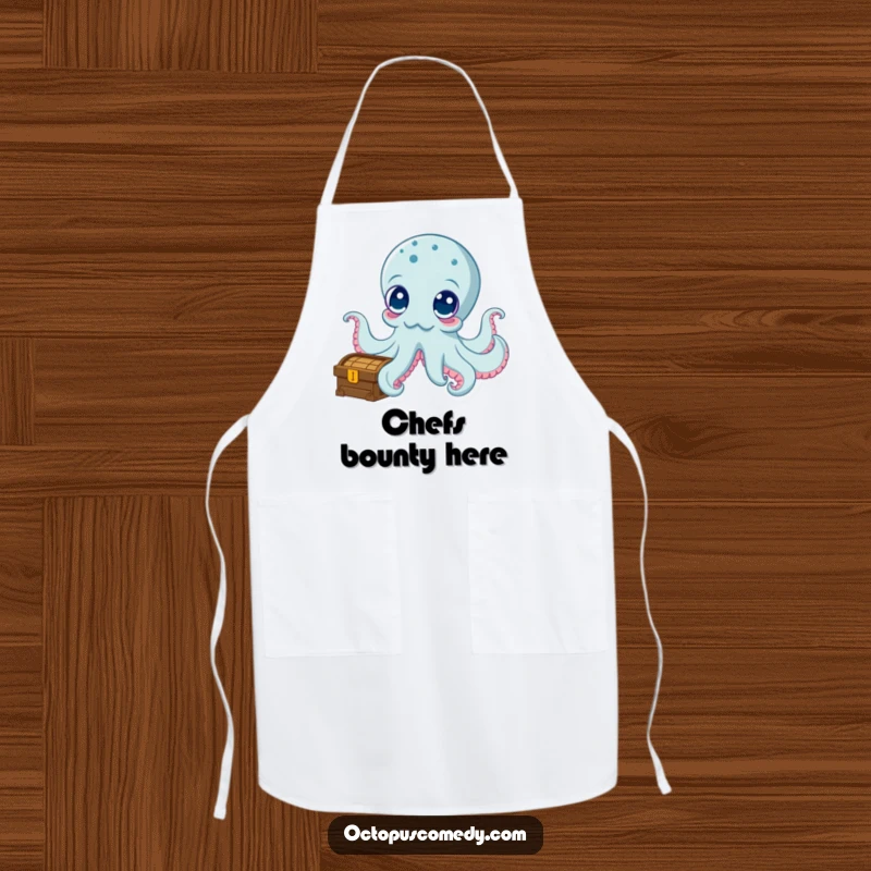 Funny apron showing a curious octopus with big eyes exploring a treasure chest, adding humor to kitchen activities.