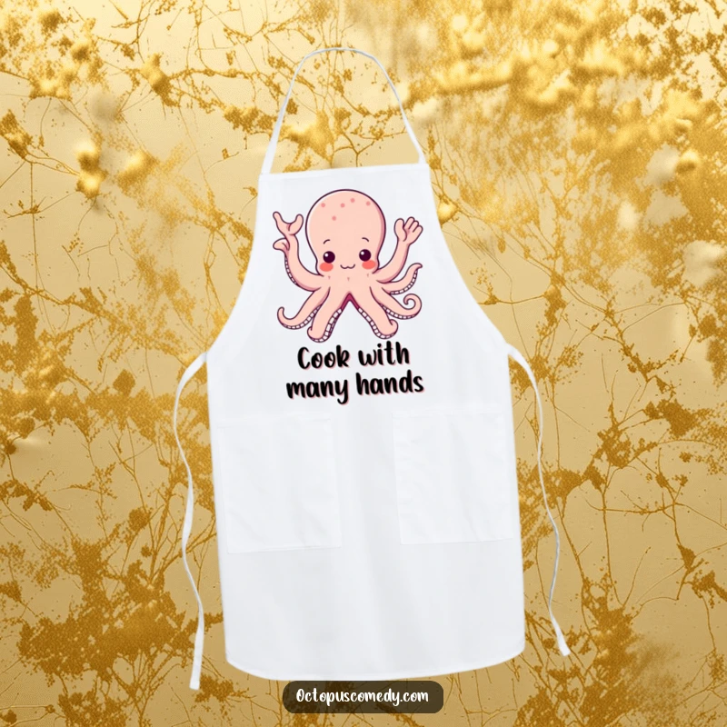 Funny kawaii octopus apron with numerous arms happily waving, making it a cute and functional kitchen accessory.