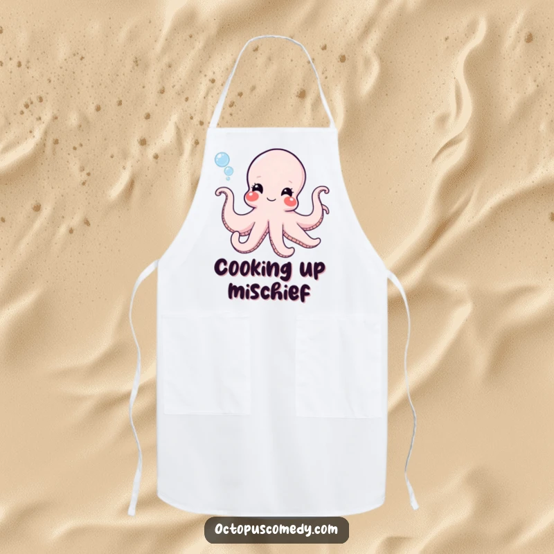 Funny octopus with a mischievous grin blowing bubbles, perfect for a humorous kitchen apron for chefs.