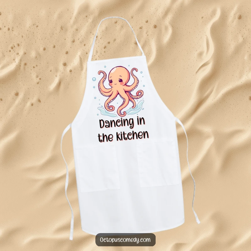 Funny octopus dancing with swirling tentacles in bubbles, a humorous apron for kitchen fun.
