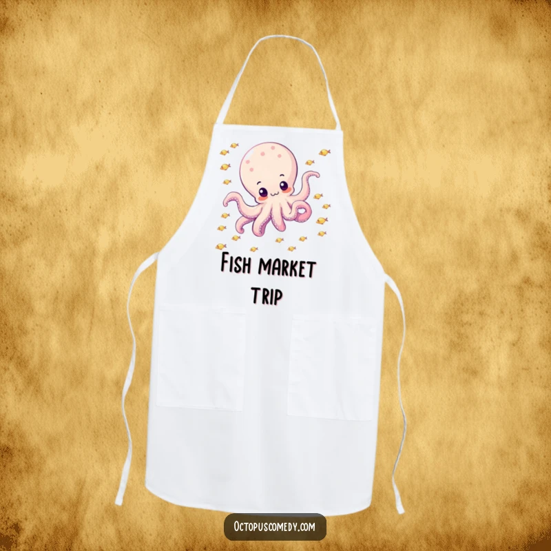 Funny octopus happily drifting through a school of small, sparkly fish on a kitchen apron, adding ocean charm, ideal gift.
