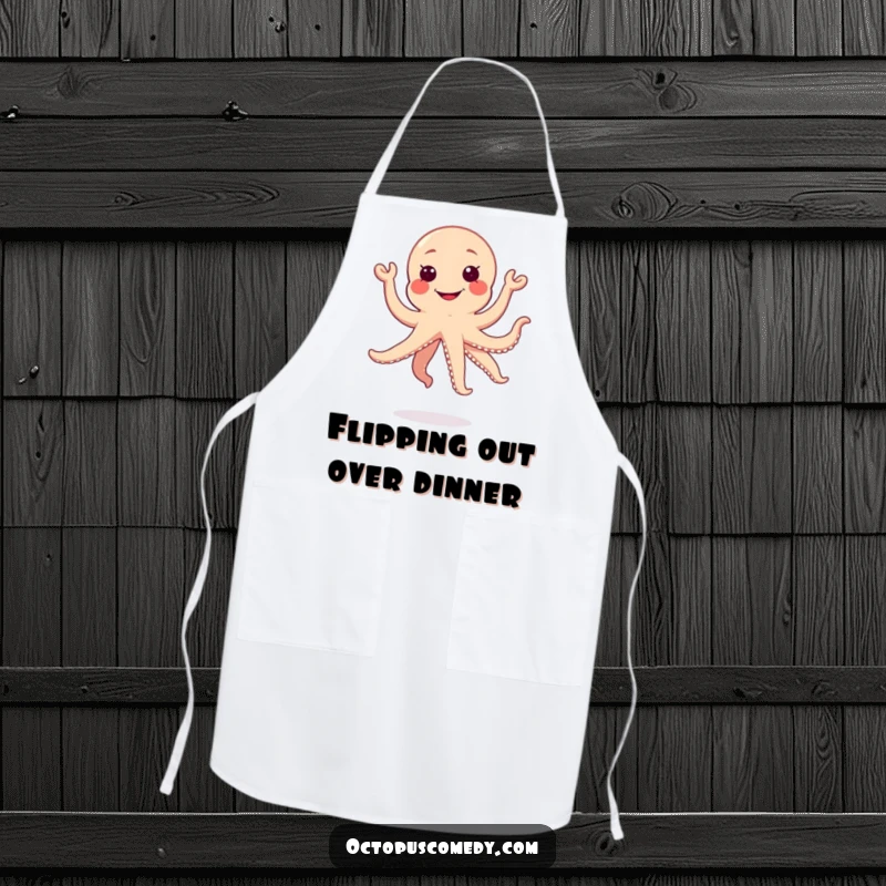 Funny jumping kawaii octopus with a silly grin on a kitchen apron, fun chef accessory gift.