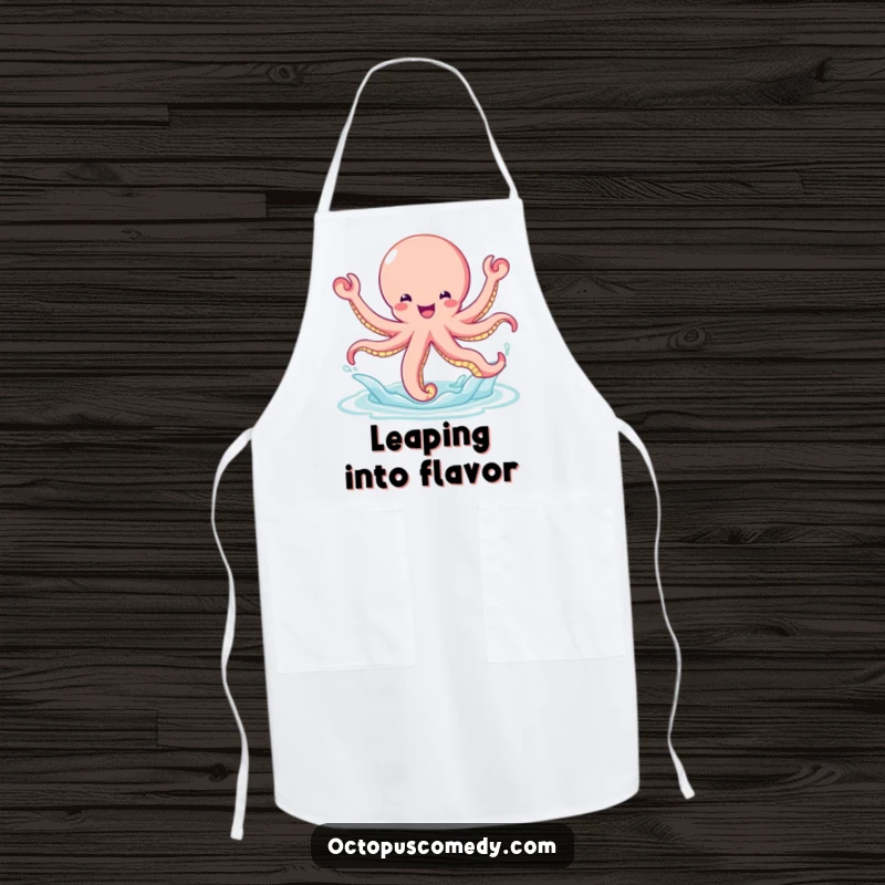 Funny bouncy octopus leaping gleefully out of the water, featured on a practical and fun kitchen apron.