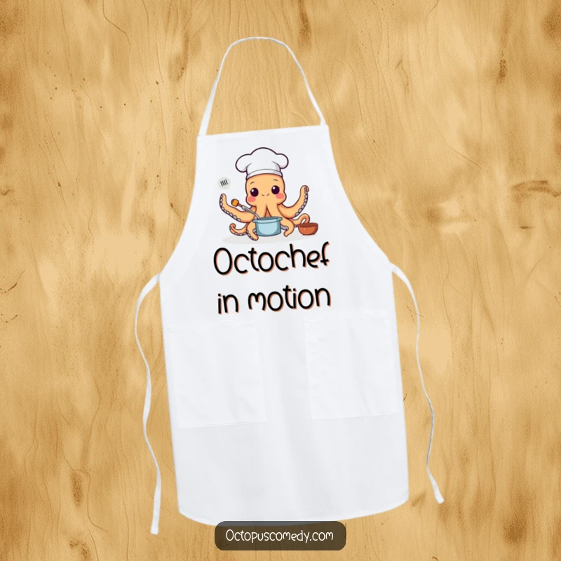 Funny apron with an octopus chef wearing a hat and cooking with all arms, great for kitchen protection and culinary humor as a funny gift.