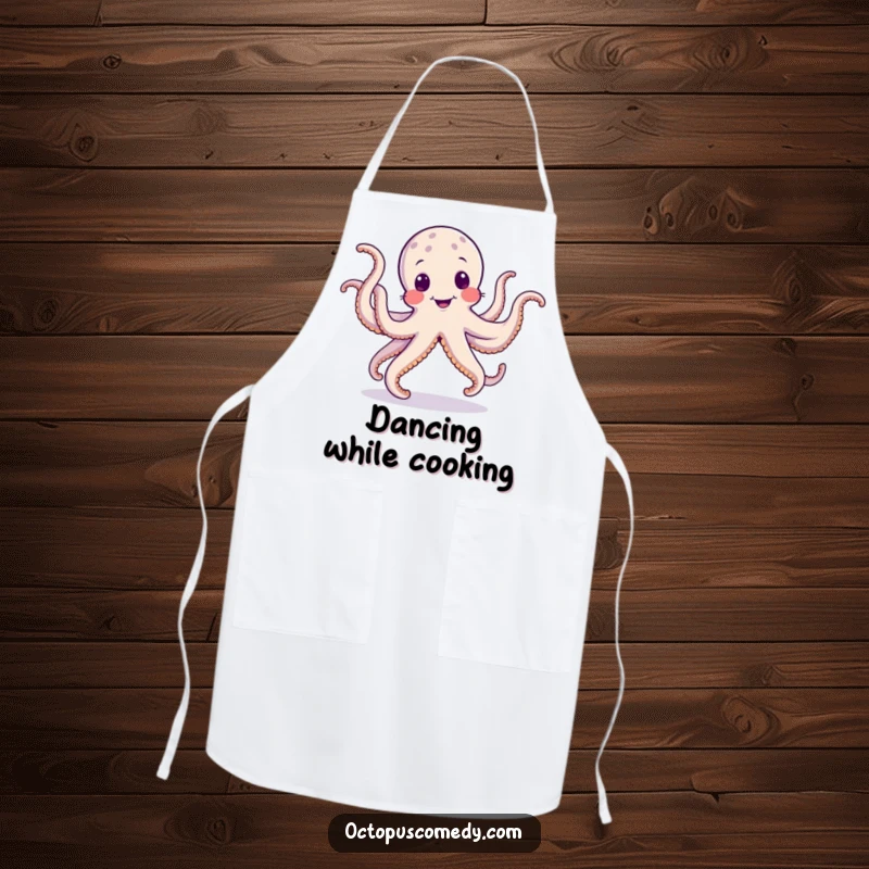Funny apron with a dancing octopus performing a silly jig with its wobbly tentacles, designed for humorous kitchen activities.