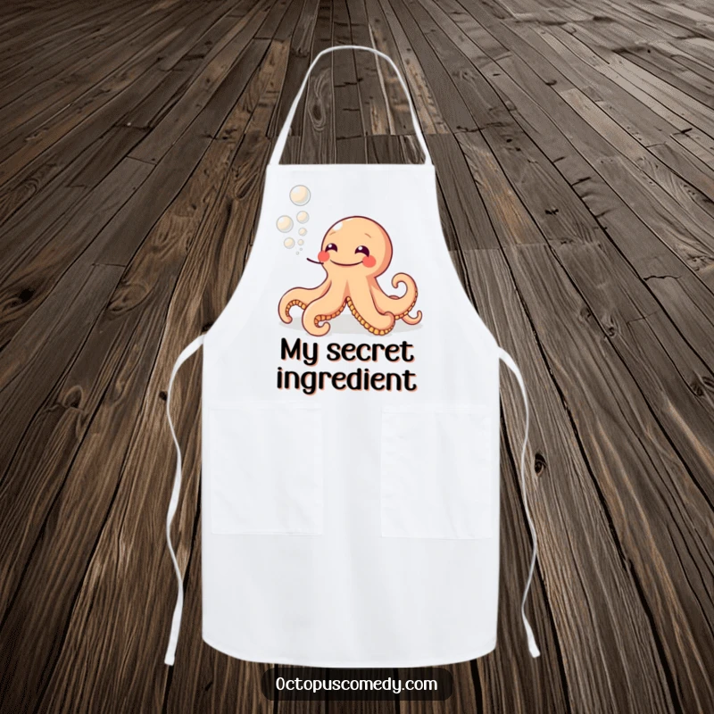 Funny apron featuring a grinning octopus blowing ink bubbles, designed for kitchen fun and acting as a unique humorous gift.