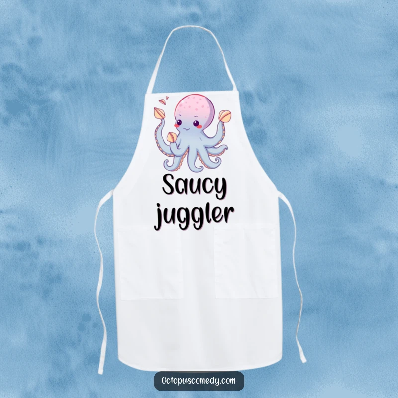 Funny apron featuring an octopus juggling seashells with its suckers, perfect for adding humor and style to cooking.
