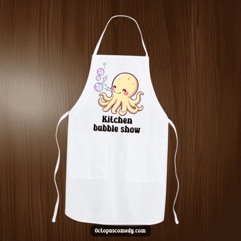 Funny Kawaii Octopus Apron showing a cute octopus blowing iridescent bubbles, perfect for joyful cooking and baking adventures.
