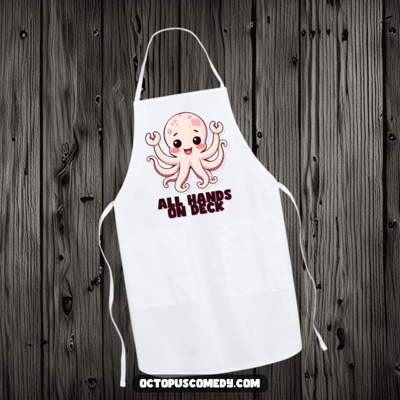 Funny kawaii octopus with multiple joyful, waving tentacles, a whimsical and functional apron.