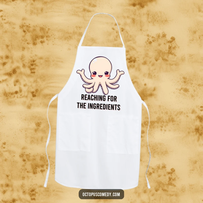 Funny kawaii octopus with arms reaching out in a friendly gesture on a kitchen apron, welcoming host gift.