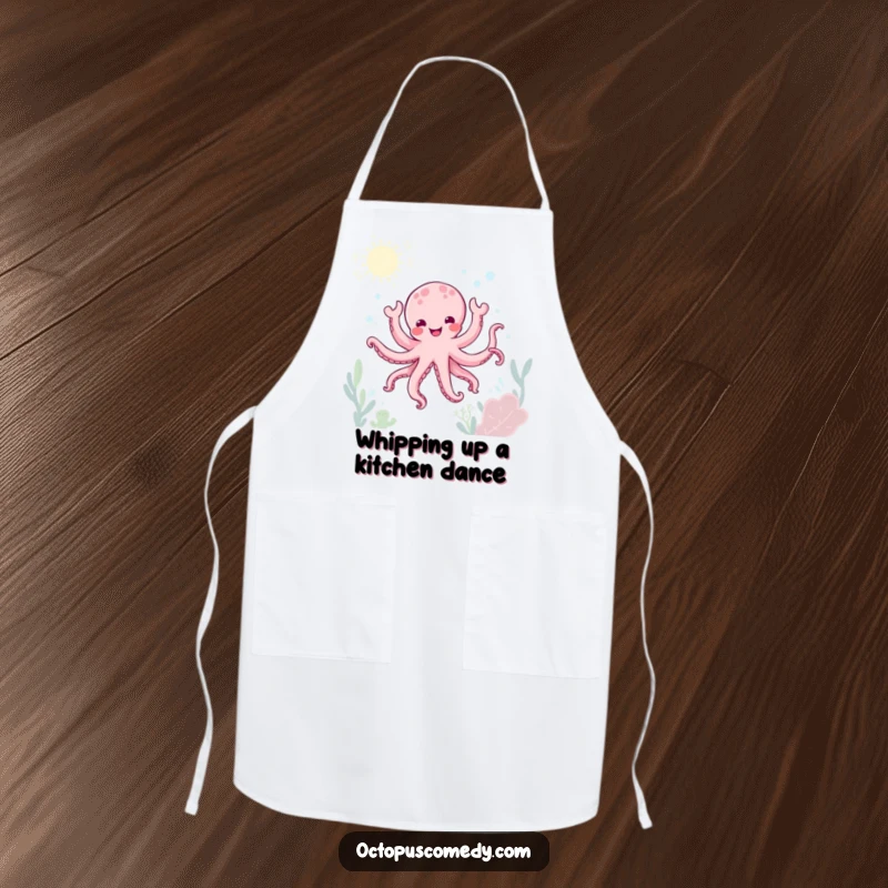 Funny kawaii octopus doing a joyful underwater dance on a kitchen apron, fun chef accessory gift.