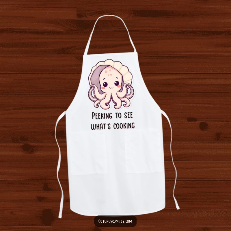 Funny kawaii octopus peeking from a seashell on a kitchen apron, cute and funny chef gift.