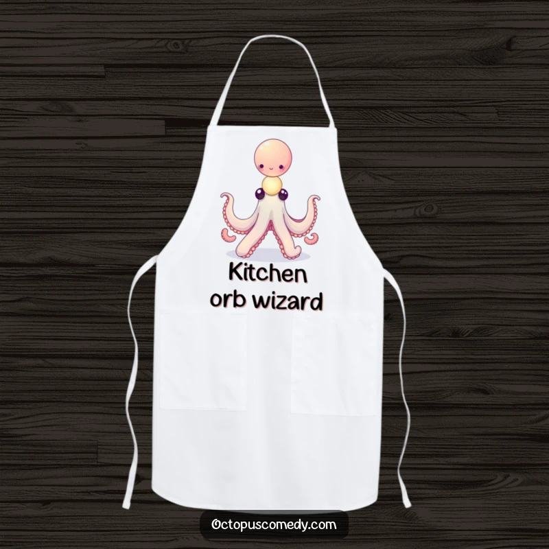 Funny octopus balancing a delicate stack of tiny, glowing orbs on a kitchen apron, adding magic to cooking, ideal gift.