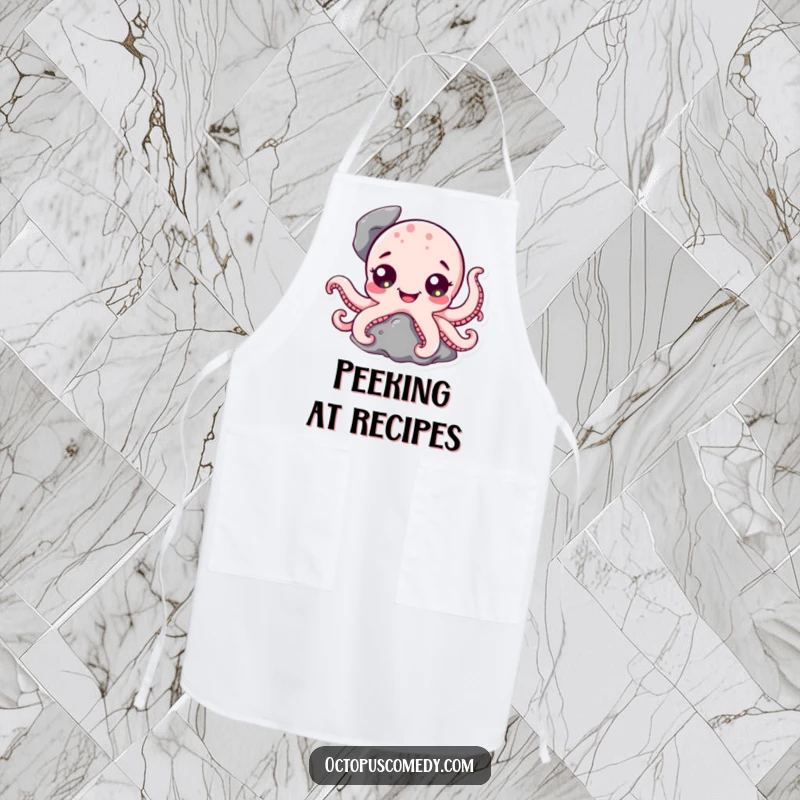Funny Octopus Apron: A whimsical apron design with a cute octopus character peeking from behind a rock.
