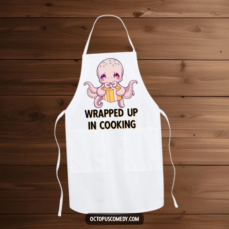 Funny Octopus Apron: A chef's apron illustrating a funny octopus excitedly unwrapping a small, colorful gift box.