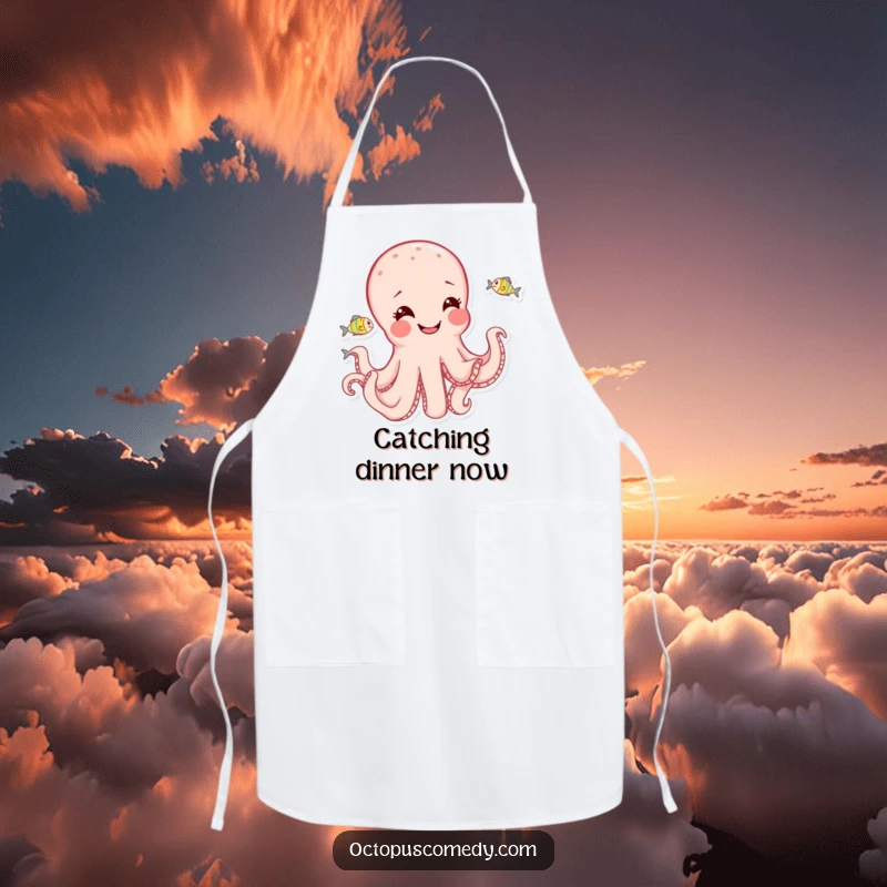 Funny octopus apron design showing a joyful octopus playfully chasing tiny fish, perfect for kitchen fun.
