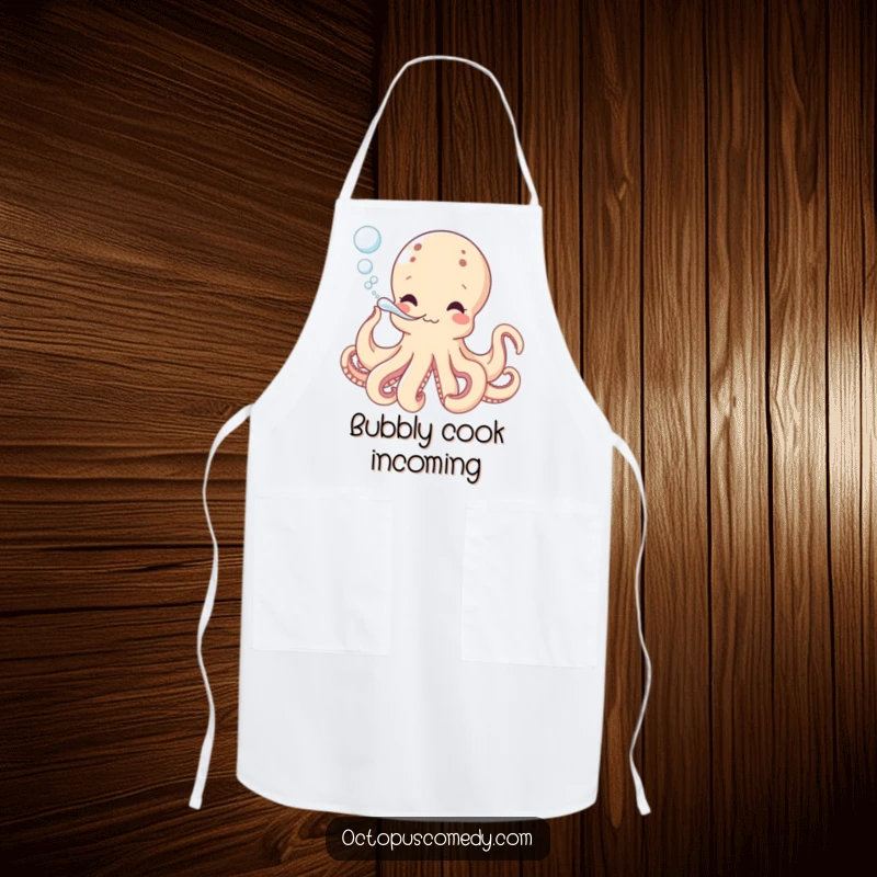 Funny apron with a playful octopus blowing bubbles, ideal for kitchen protection and adding a splash of underwater humor as a funny gift.