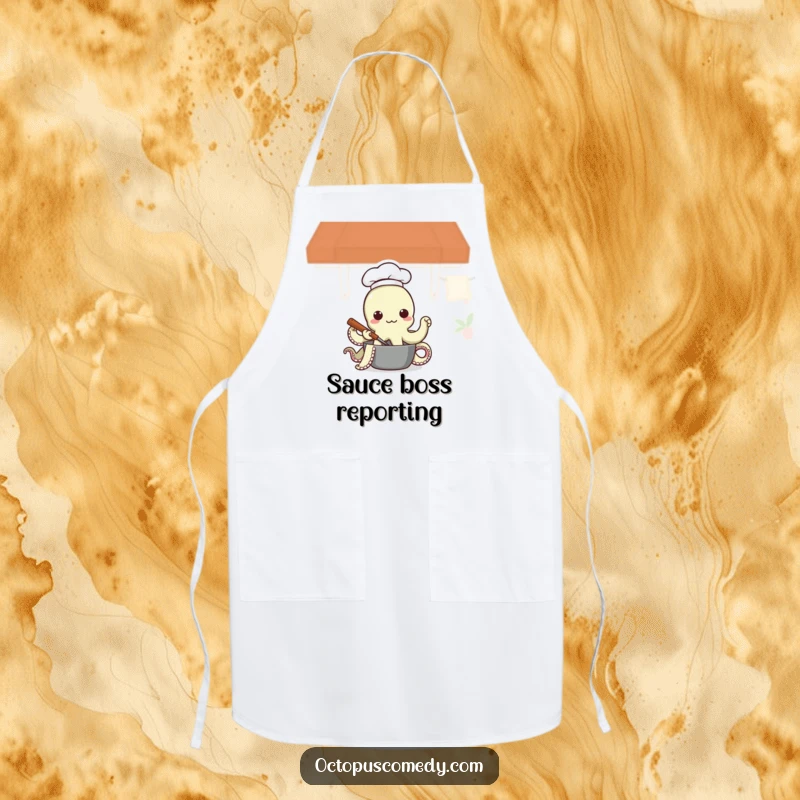 Funny Octopus Chef Apron, featuring an entertaining octopus chef stirring a pot, blending practicality with hilarious kitchen art.