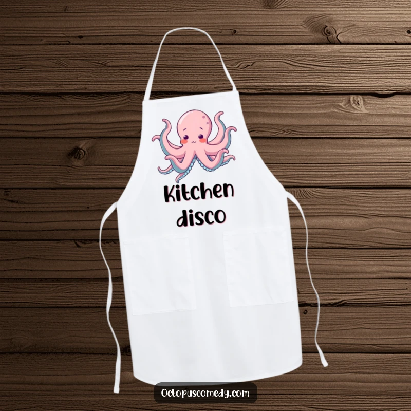 Funny Octopus Apron with a happy octopus energetically dancing with all eight arms in a silly, joyful manner.