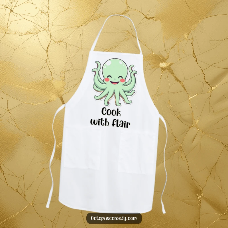 Funny octopus with a wide smile waving all eight arms, a humorous and practical apron.