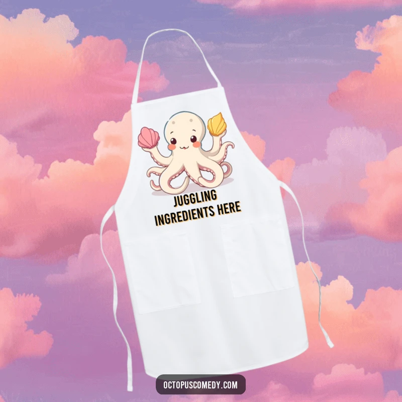 Funny octopus apron for chefs, showing a marine creature expertly juggling seashells while cooking, adding fun to meal preparation.