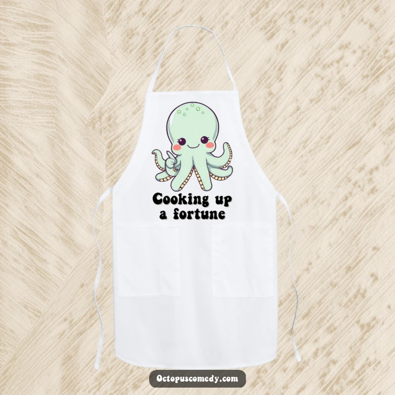 Funny octopus with wide eyes pointing to a pearl, a humorous kitchen apron for cooks who love discovery.