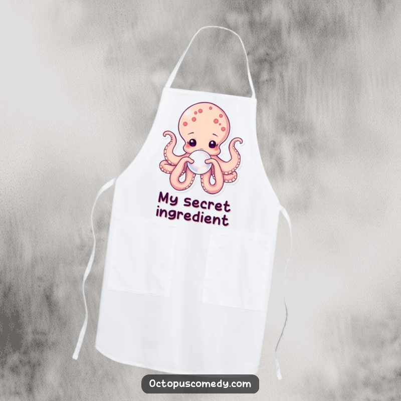 Funny octopus apron featuring a gentle creature holding a pearl, perfect for adding elegance and humor to kitchen tasks.