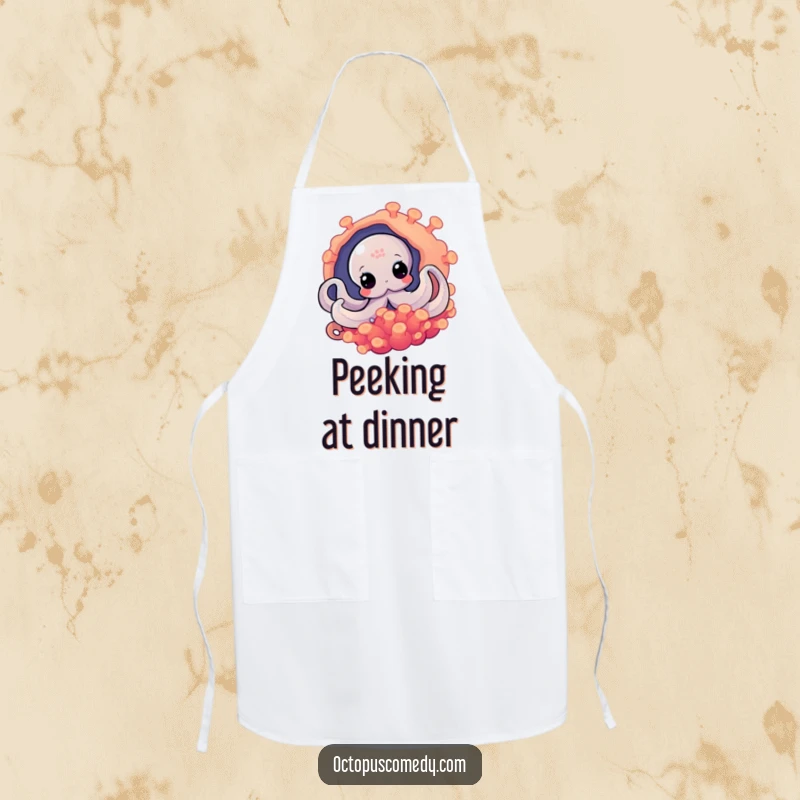 Funny octopus peeking from behind a vibrant anemone, a humorous apron for kitchen exploration.