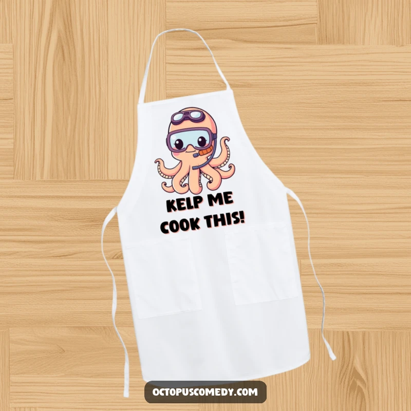 Funny kawaii octopus wearing a tiny snorkel, looking adventurous and ready to cook in this practical and humorous kitchen apron.