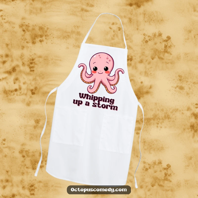 Funny octopus apron with a determined octopus doing a funny wiggle, perfect for humorous kitchen protection while cooking.