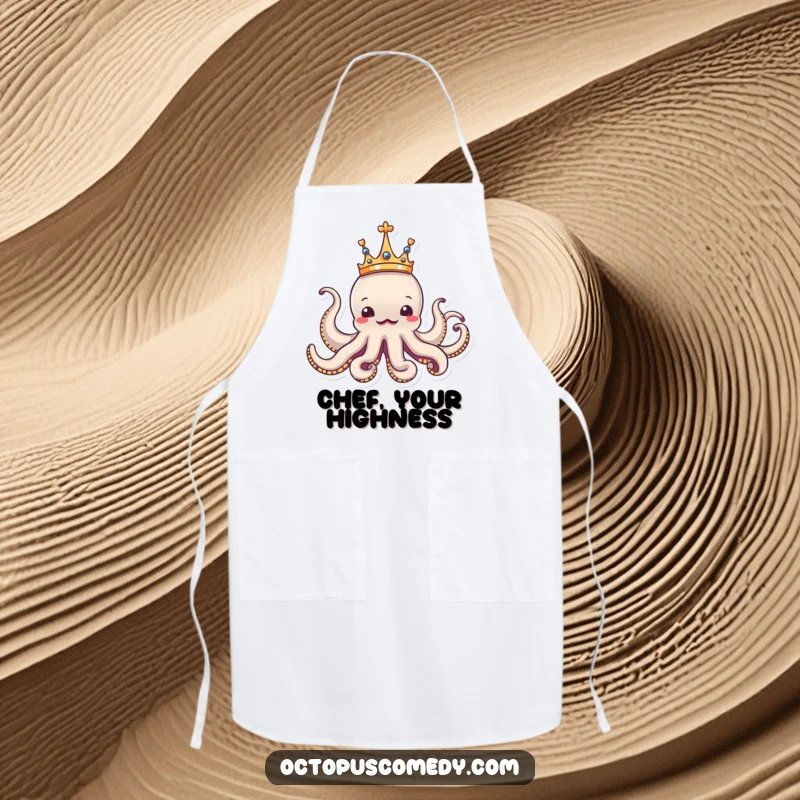 Funny octopus wearing a tiny crown, looking regal and amusing, a humorous apron for kitchen royalty.
