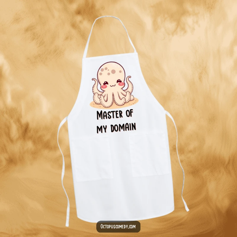 Funny apron featuring a satisfied octopus resting on a sandy bottom, designed for kitchen relaxation and acting as a unique gift.