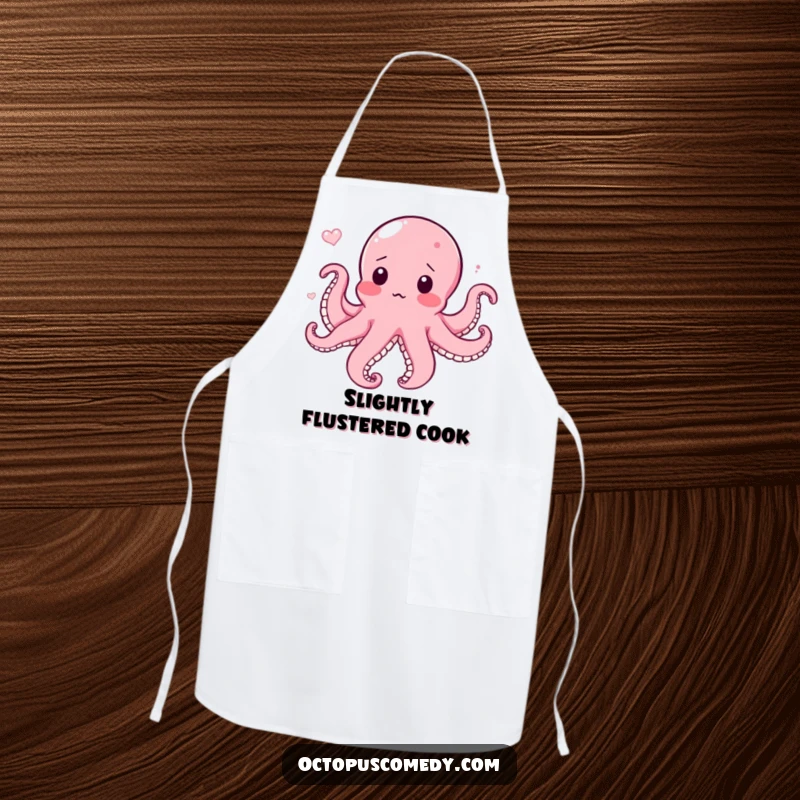 Funny apron featuring a surprised and blushing octopus caught in a current, perfect for kitchen humor and a unique gift.
