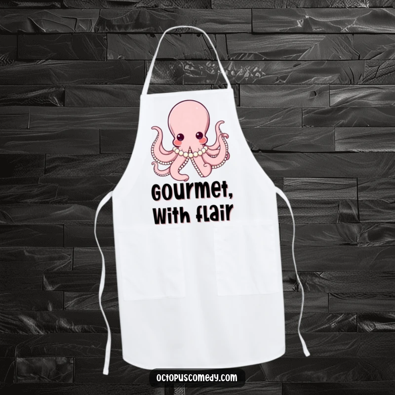 Elegant octopus wearing a string of pearls, looking sophisticated on a stylish kitchen apron, perfect for refined cooking.
