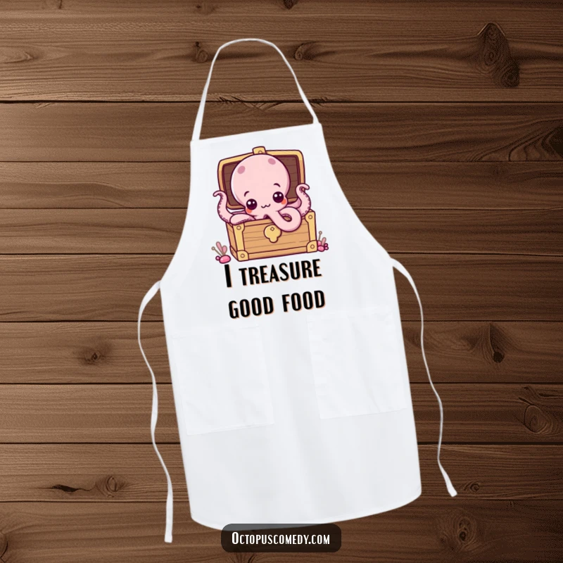 Funny apron with a curious octopus emerging from a treasure chest, designed for kitchen fun and humorous cooking.