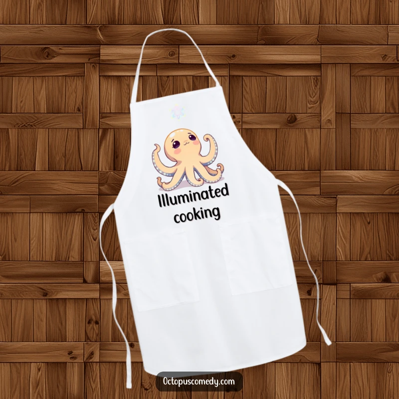 Funny octopus looking up with wonder at a bioluminescent bloom on a kitchen apron, adding deep sea magic, ideal gift.