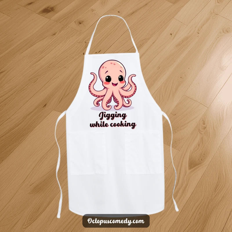 Funny apron with a happy octopus performing a lively jig, its tentacles ready to assist in the kitchen with cheerful energy.