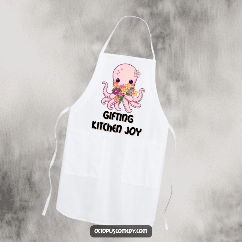 Kawaii Octopus Flower Apron, showing a cute octopus offering sea flowers, bringing sweetness to kitchen tasks.