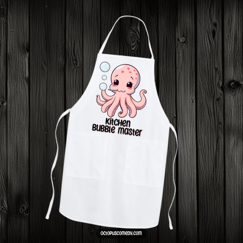 Funny apron showcasing a comical octopus playfully blowing bubbles, perfect for a humorous culinary experience.