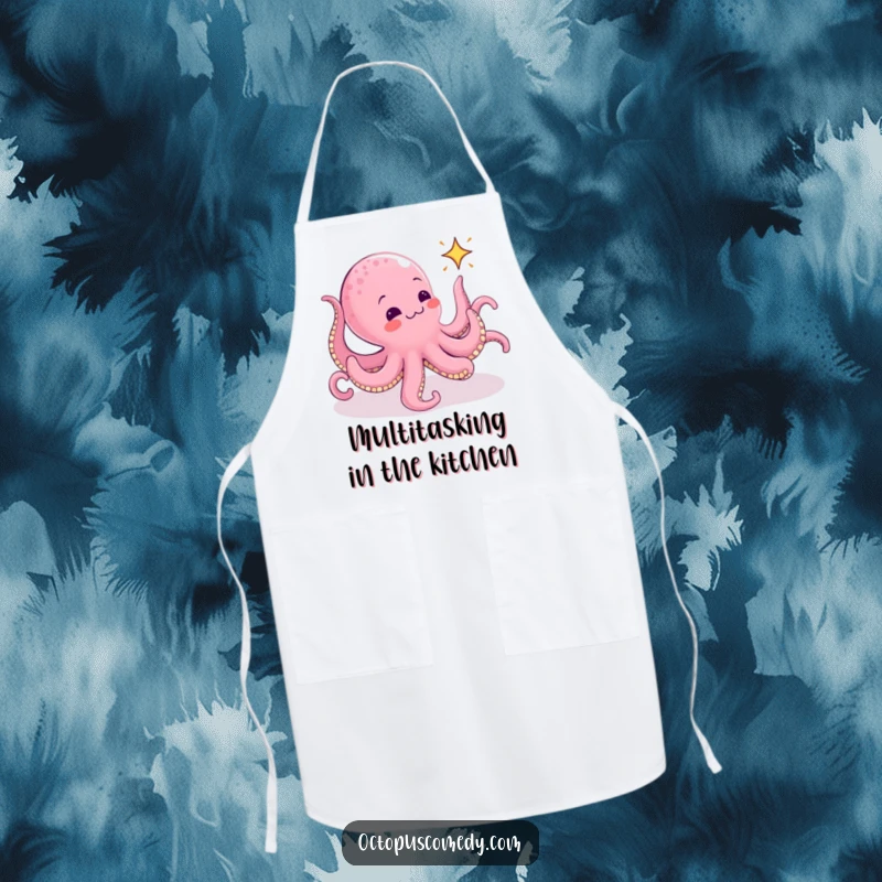Funny Octopus Apron: A kitchen apron featuring a hilarious octopus with many arms, attempting to catch a small, animated sparkle.