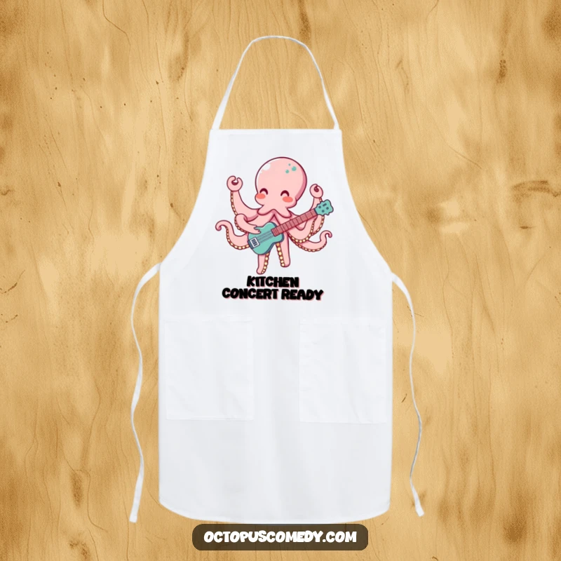 Funny apron featuring an octopus with eight arms playing a musical instrument, perfect for cooks who love music.