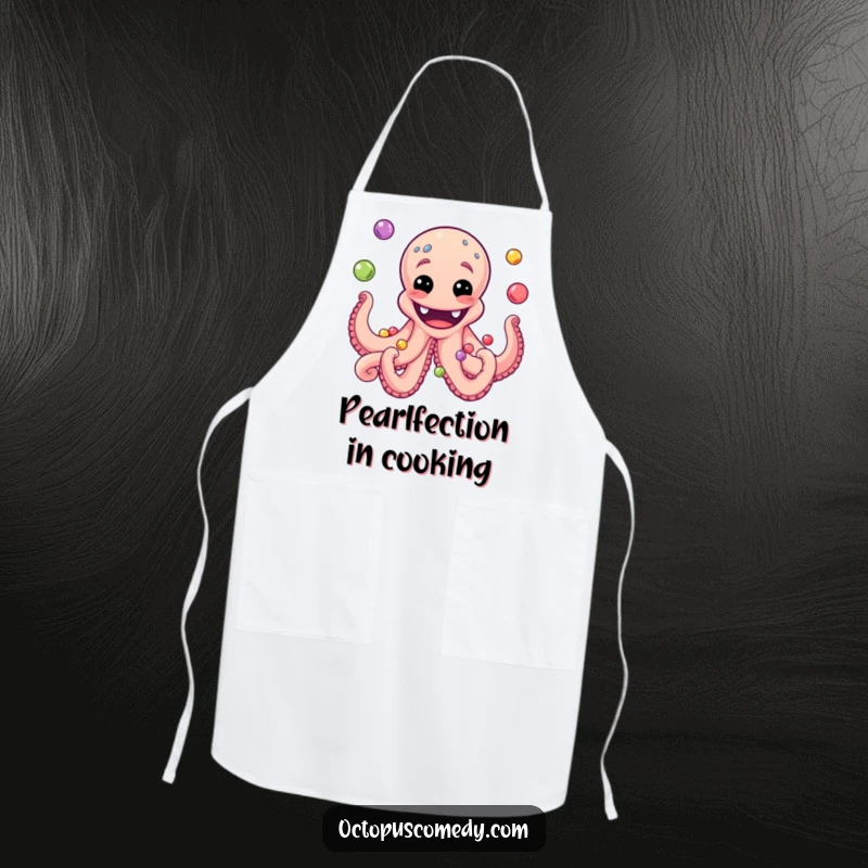 Funny apron featuring a wide-grinning octopus skillfully juggling an array of colorful pearls, ideal for kitchen fun.