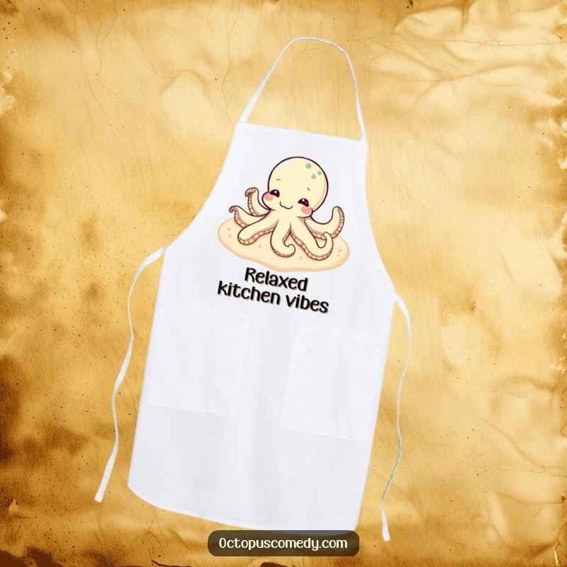 Funny content octopus relaxing on a soft, sandy seabed, featured on a practical and calming kitchen apron.