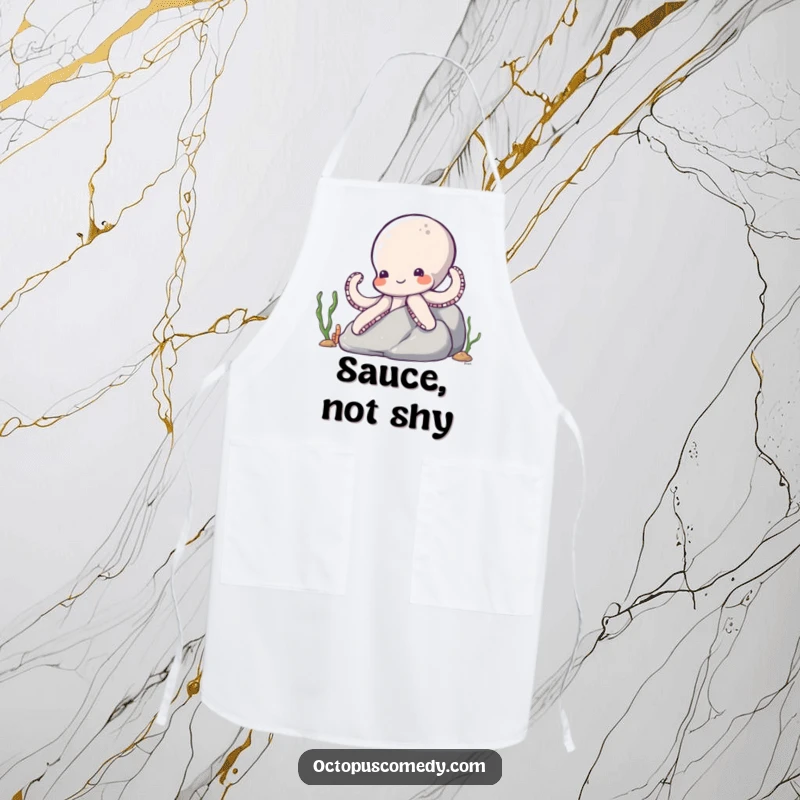 Funny Octopus Apron: A shy octopus peeking from behind a rock, wearing a chef's hat, ready to add underwater flair.