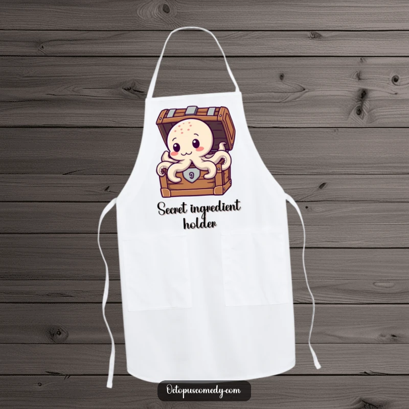 Funny Treasure Octopus Apron, showing a curious octopus peeking from a treasure chest, adding humor to kitchen tasks.