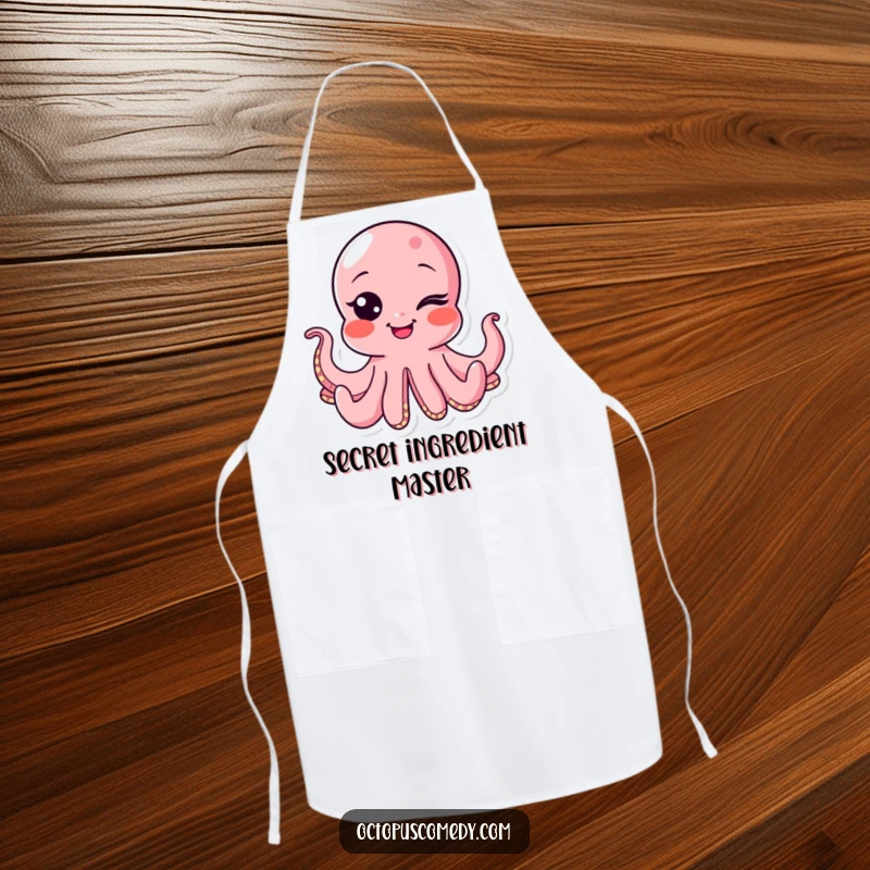 Funny octopus apron with a winking character and bubbly smile, designed for kitchen fun and protecting outfits.