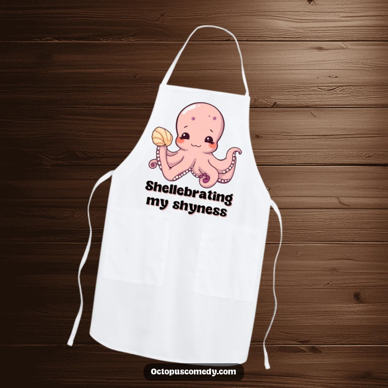 Funny apron with a shy octopus offering a seashell, ideal for protecting clothes and adding a touch of cute humor while cooking as a funny gift.