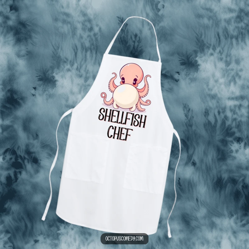Funny apron showing a determined octopus using all its arms to push a large pearl while cooking.