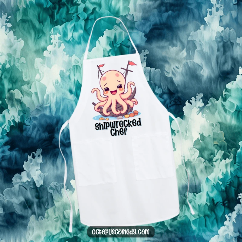 Funny apron featuring a cheerful octopus peeking from a shipwreck, perfect for adding humor to cooking and kitchen activities.